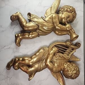 Vtg MCM 1963 LARGE (2) Gold Syroco Musical Cherubs Angels Wall Plaques 16" Tall